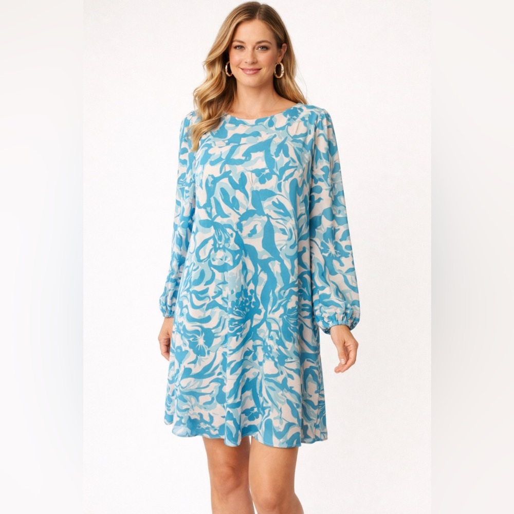 Nine West Dress 14 Blue Ivory White Floral Long Sleeve Flowy Career Church